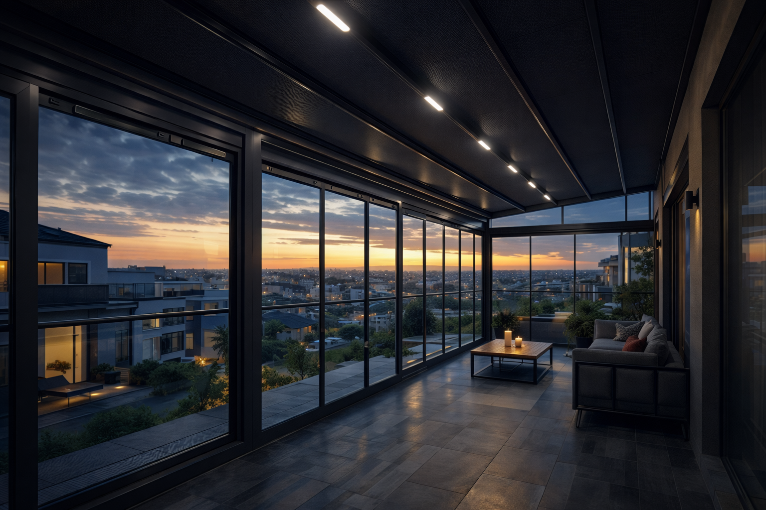 Cam teras sistemi gece görünümü - Trio Alüminyum