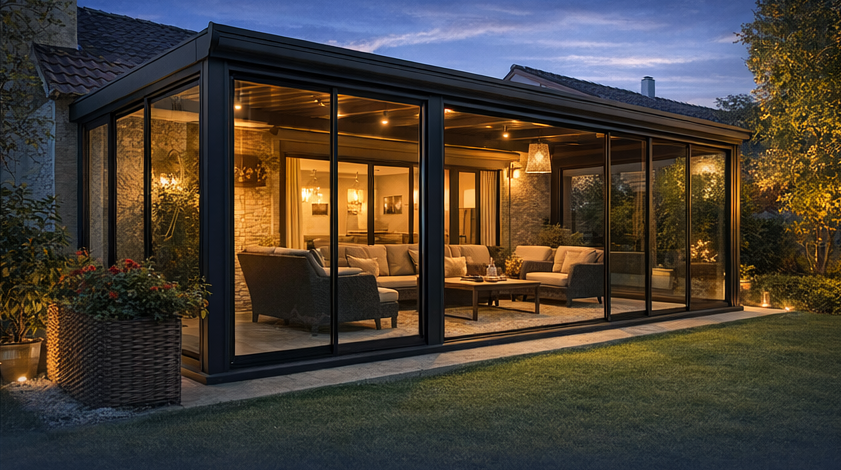 Kış bahçesi gece aydınlatma görünümü - Trio Alüminyum